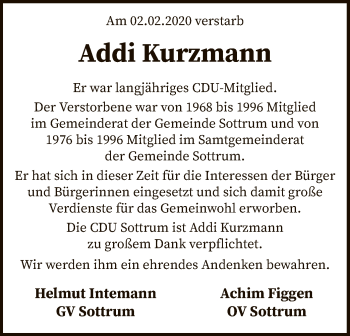 Traueranzeige von Addi Kurzmann von SYK