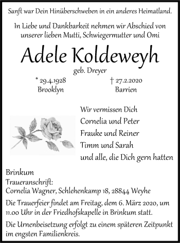 Traueranzeige von Adele Koldeweyh von SYK