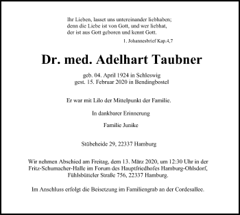 Traueranzeige von Adelhart Taubner von SYK