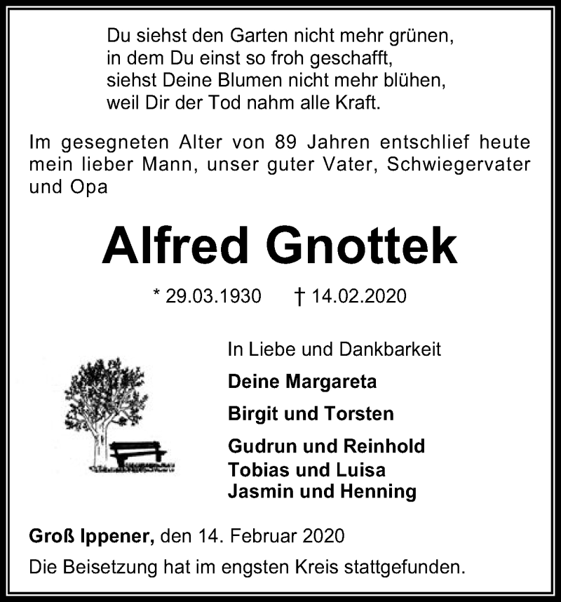  Traueranzeige für Alfred Gnottek vom 22.02.2020 aus SYK