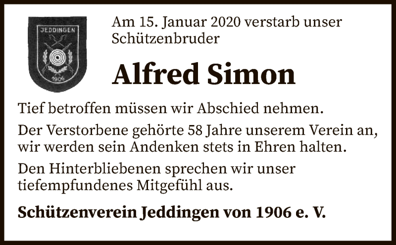  Traueranzeige für Alfred Simon vom 01.02.2020 aus SYK