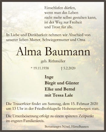 Traueranzeige von Alma Baumann von SYK