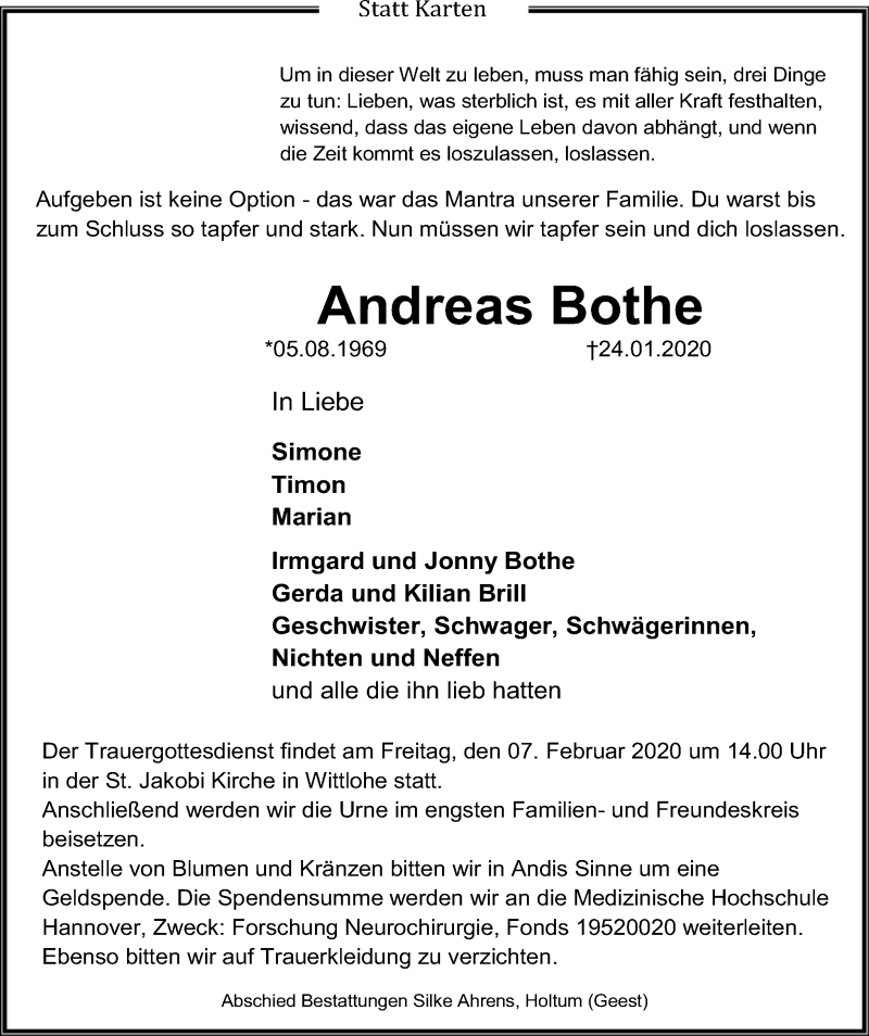  Traueranzeige für Andreas Bothe vom 01.02.2020 aus SYK