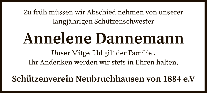  Traueranzeige für Annelene Dannemann vom 20.02.2020 aus SYK