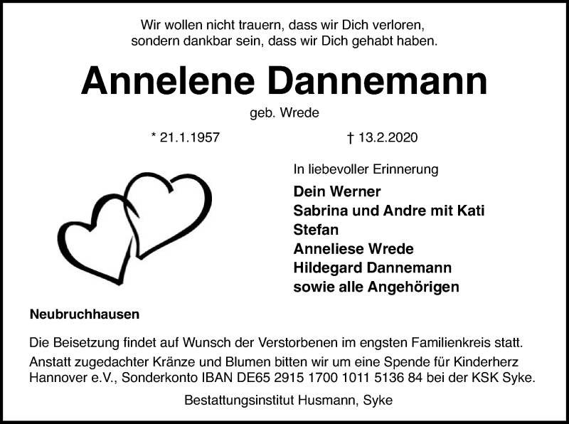  Traueranzeige für Annelene Dannemann vom 19.02.2020 aus SYK
