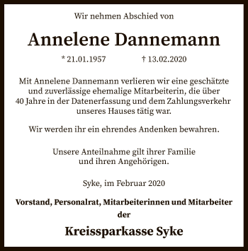 Traueranzeige von Annelene Dannemann von SYK