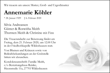 Traueranzeige von Annemarie Köhler von SYK
