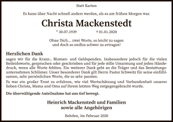 Traueranzeige von Christa Mackenstedt von SYK