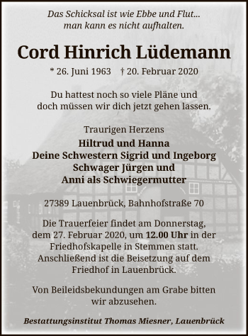 Traueranzeige von Cord Hinrich Lüdemann von SYK