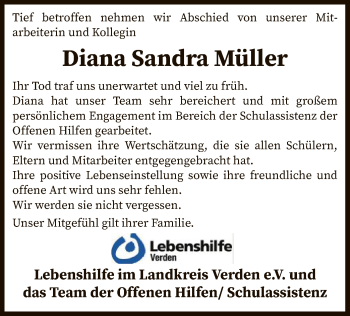 Traueranzeige von Diana Sandra Müller von SYK