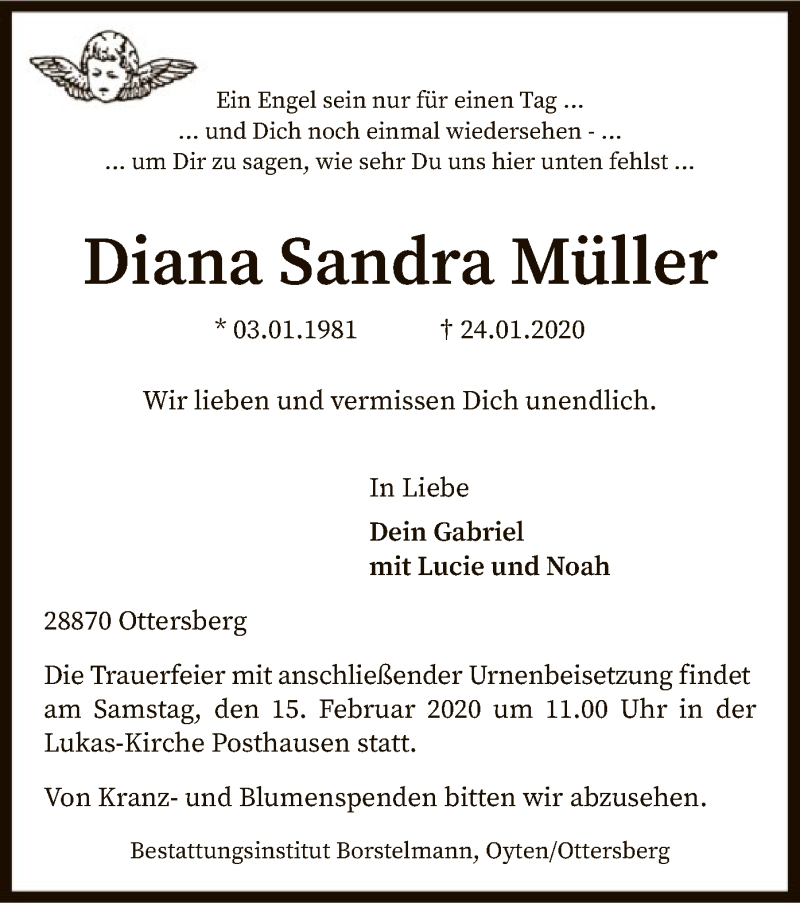  Traueranzeige für Diana Sandra Müller vom 01.02.2020 aus SYK