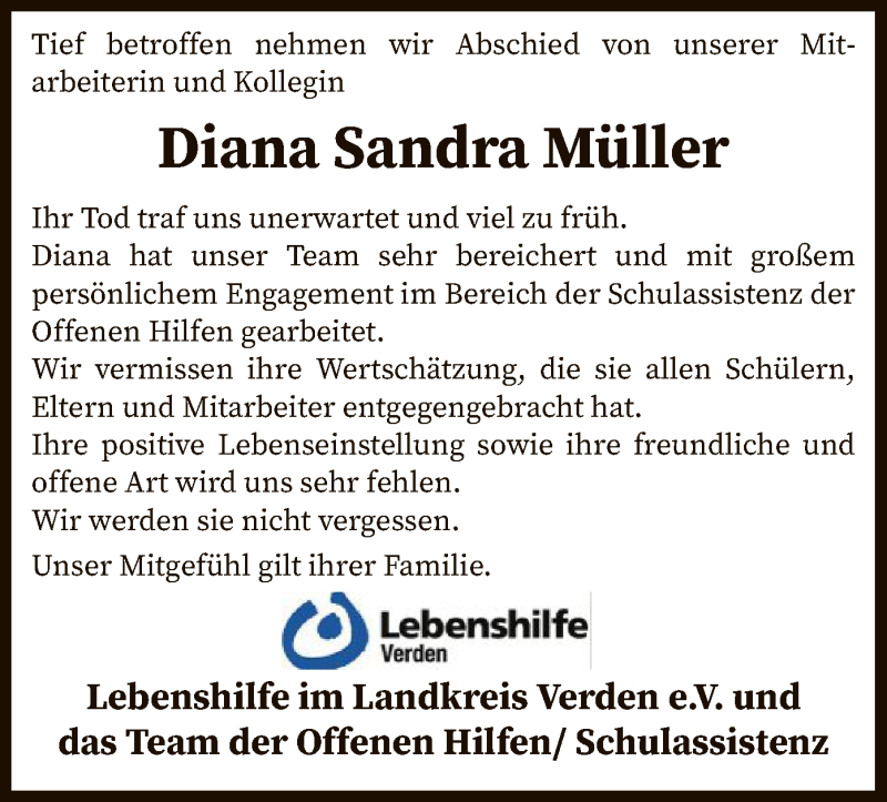  Traueranzeige für Diana Sandra Müller vom 08.02.2020 aus SYK