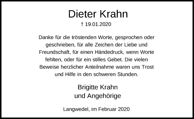  Traueranzeige für Dieter Krahn vom 22.02.2020 aus SYK