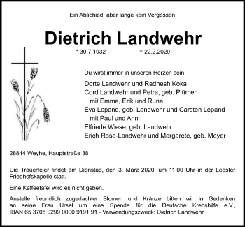 Traueranzeige von Dietrich Landwehr von SYK