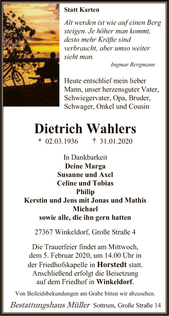 Traueranzeige von Dietrich Wahlers von SYK