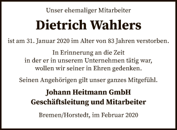 Traueranzeige von Dietrich Wahlers von SYK