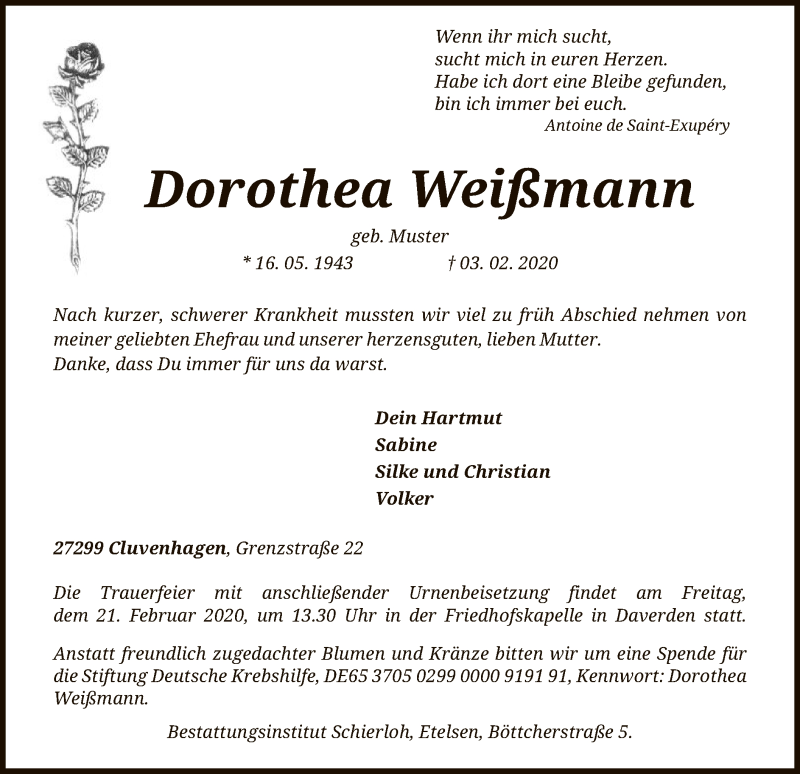  Traueranzeige für Dorothea Weißmann vom 15.02.2020 aus SYK