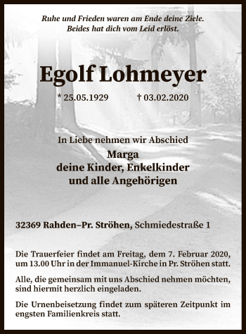 Traueranzeige von Egolf Lohmeyer von SYK