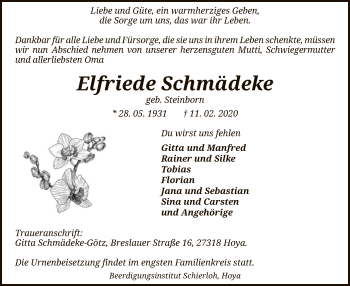 Traueranzeige von Elfriede Schmädeke von SYK