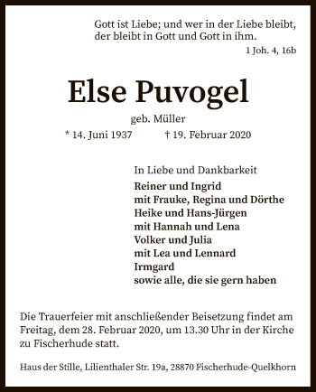 Traueranzeige von Else Puvogel von SYK