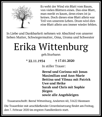 Traueranzeige von Erika Wittenburg von SYK