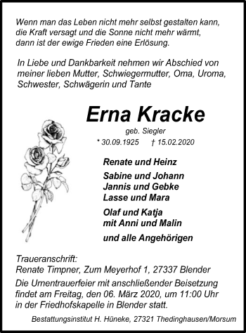 Traueranzeige von Erna Kracke von SYK