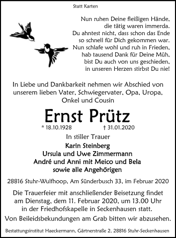 Traueranzeige von Ernst Prütz von SYK