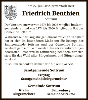 Traueranzeige von Friedrich Benthien von SYK