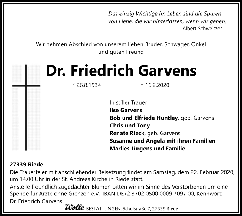  Traueranzeige für Friedrich Garvens vom 19.02.2020 aus SYK