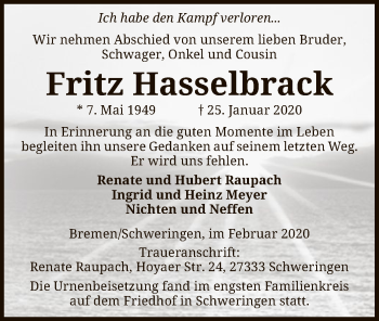 Traueranzeige von Fritz Hasselbrack von SYK