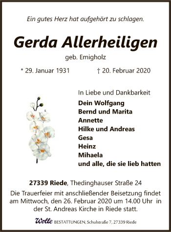 Traueranzeige von Gerda Allerheiligen von SYK