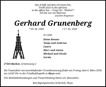 Traueranzeige von Gerhard Grunenberg von SYK