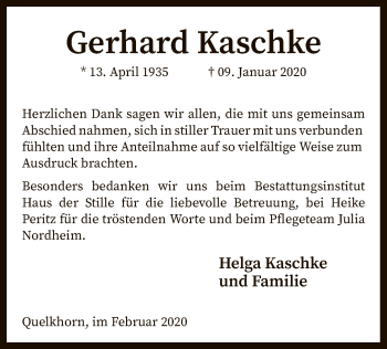 Traueranzeige von Gerhard Kaschke von SYK