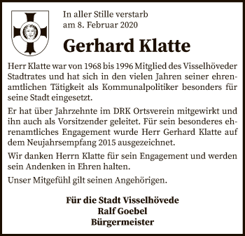 Traueranzeige von Gerhard Klatte von SYK