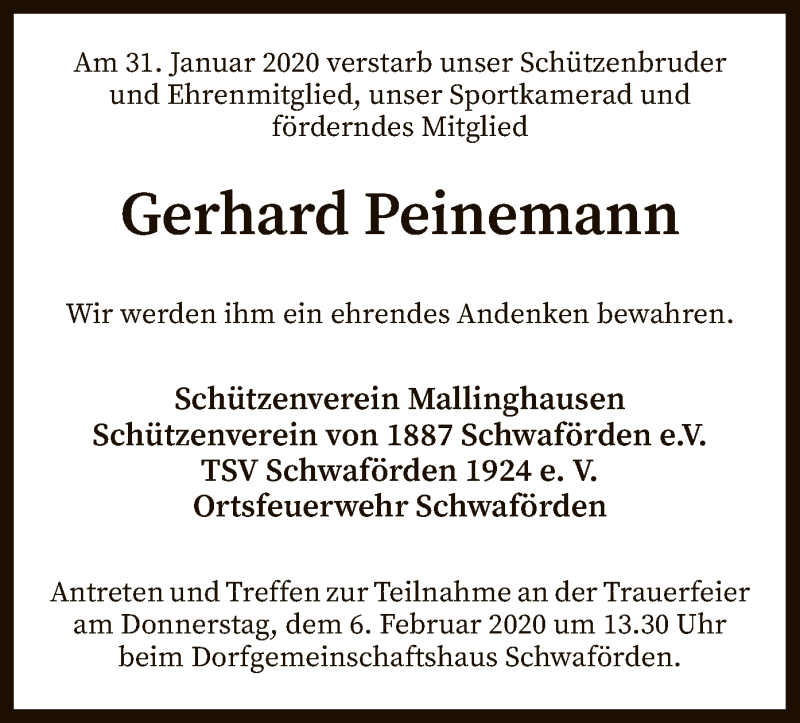  Traueranzeige für Gerhard Peinemann vom 04.02.2020 aus SYK