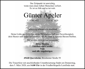 Traueranzeige von Günter Apeler von SYK