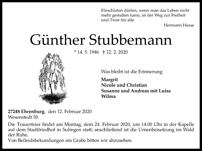  Traueranzeige für Günther Stubbemann vom 18.02.2020 aus SYK