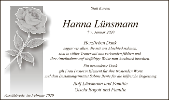 Traueranzeige von Hanna Lünsmann von SYK