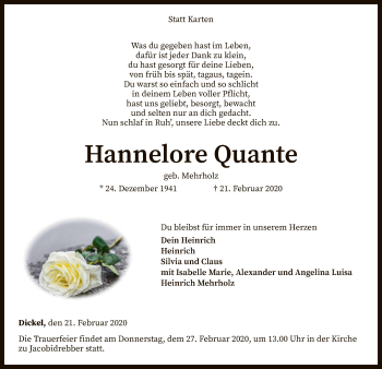 Traueranzeige von Hannelore Quante von SYK