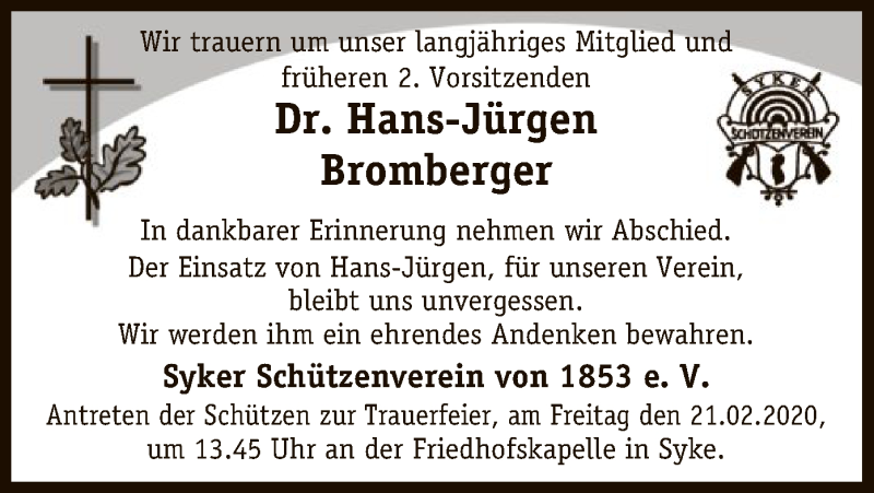  Traueranzeige für Hans-Jürgen Bromberger vom 18.02.2020 aus SYK