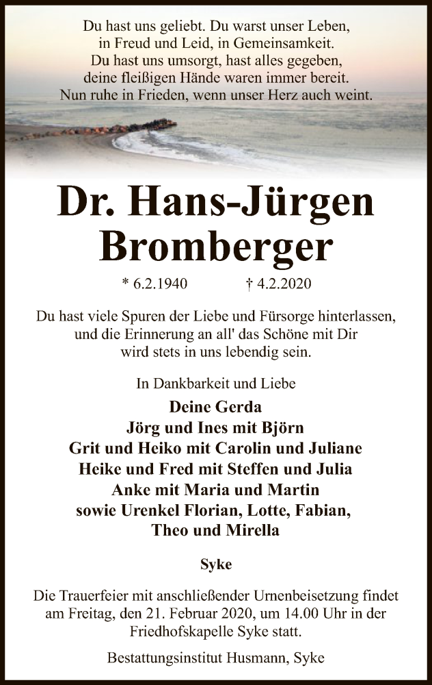  Traueranzeige für Hans-Jürgen Bromberger vom 14.02.2020 aus SYK