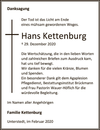 Traueranzeige von Hans Kettenburg von SYK