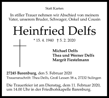 Traueranzeige von Heinfried Delfs von SYK