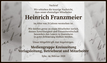 Traueranzeige von Heinrich Franzmeier von SYK