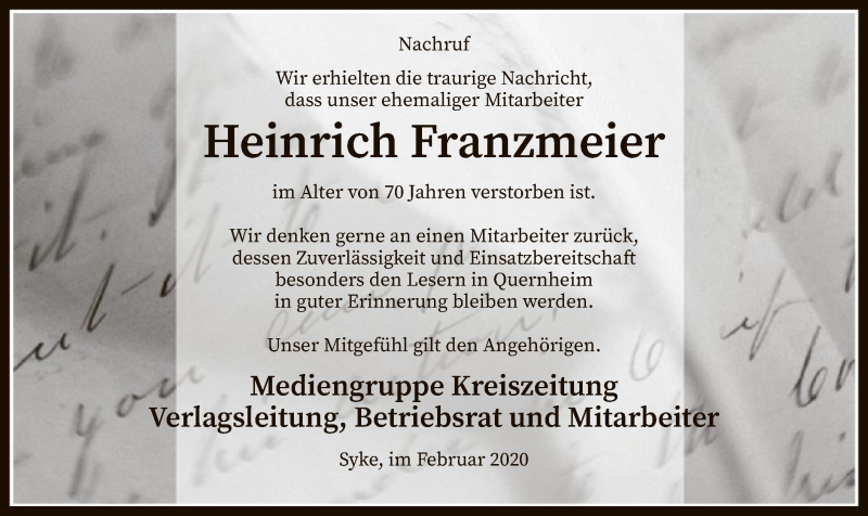  Traueranzeige für Heinrich Franzmeier vom 11.02.2020 aus SYK
