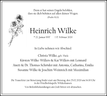 Traueranzeige von Heinrich Wilke von SYK