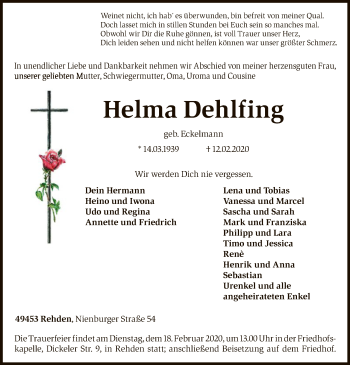 Traueranzeige von Helma Dehlfing von SYK