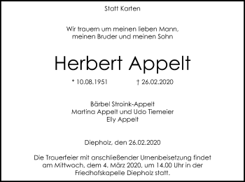 Traueranzeige von Herbert Appelt von SYK