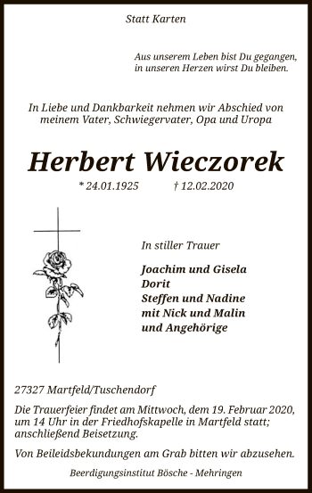 Traueranzeige von Herbert Wieczorek von SYK