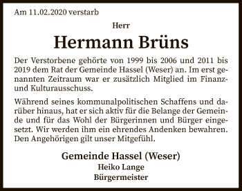 Traueranzeige von Hermann Brüns von SYK